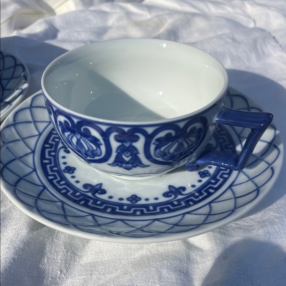 2 Bombay Blue and White Cup and Saucers
